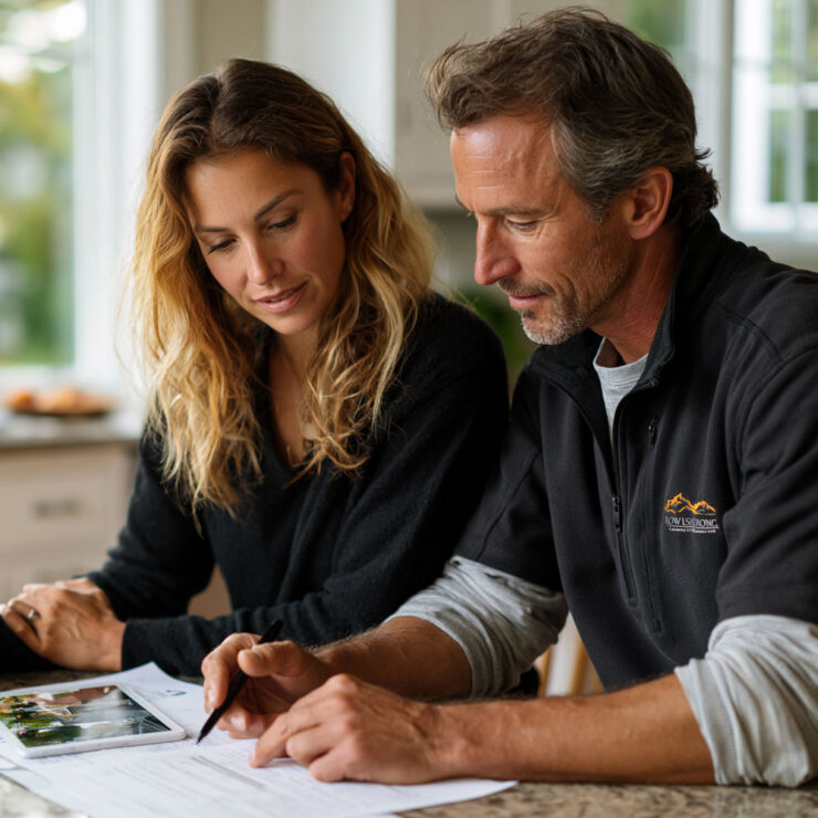 contractor explaining Florida 25 percent roof rule to homeowner