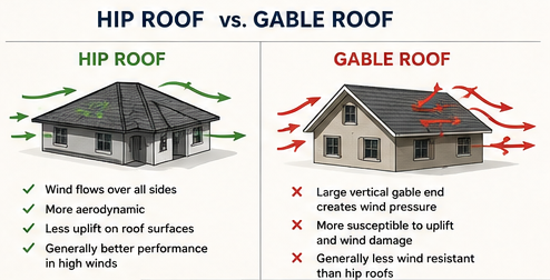 Comparison of hip roof and gable roof designs for hurricane wind resistance