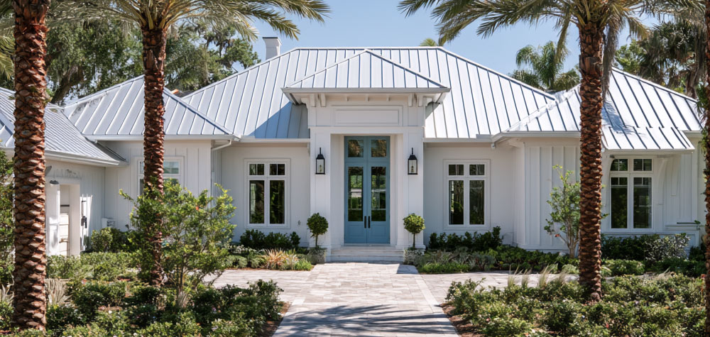 Standing seam metal roof on a Central Florida home reflecting sunlight