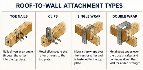 Roof-to-wall attachment examples including toe nails, clips, single and double wraps.