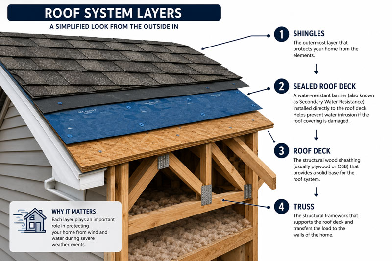 Roof system layers showing sealed roof deck and secondary water resistance beneath shingles