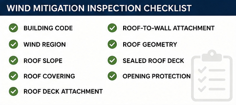 Wind mitigation inspection checklist showing the nine categories on the 2026 Florida form