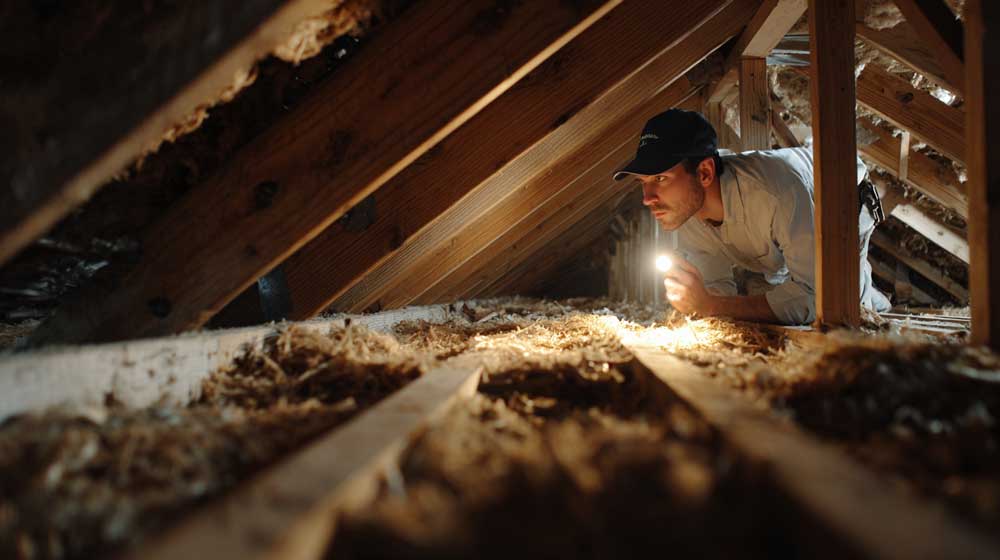 Inspector examining roof deck attachment inside an attic during a Florida wind mitigation inspection